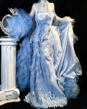 Grey Blue Mermaid Tulle Halter Embroidery Applique Long Prom Dresses HZ1024