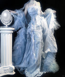 Grey Blue Mermaid Tulle Halter Embroidery Applique Long Prom Dresses HZ1024