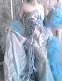 Grey Blue Mermaid Tulle Halter Embroidery Applique Long Prom Dresses HZ1024