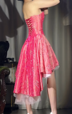 Hot Pink Strapless A-Line Homecoming Dress Sweet Chiffon Satin Sequin Hi-lo Short Prom Dresses HZ1024