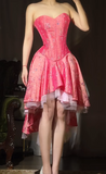 Hot Pink Strapless A-Line Homecoming Dress Sweet Chiffon Satin Sequin Hi-lo Short Prom Dresses HZ1024