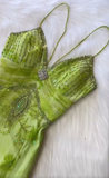 Bud Green V-neck Satin Beaded Applique Sheath Prom Dresses Vintage Backless Evening Gowns HZ1024