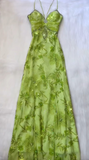 Bud Green V-neck Satin Beaded Applique Sheath Prom Dresses Vintage Backless Evening Gowns HZ1024