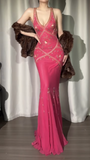 Hot Pink V-neck Mermaid Chiffon Beaded Applique Prom Dresses Vintage Backless Evening Gowns HZ1024