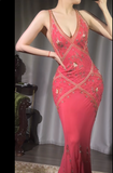Hot Pink V-neck Mermaid Chiffon Beaded Applique Prom Dresses Vintage Backless Evening Gowns HZ1024