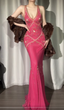 Hot Pink V-neck Mermaid Chiffon Beaded Applique Prom Dresses Vintage Backless Evening Gowns HZ1024
