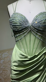 Sage Green Sweetheart Mermaid Satin Prom Dresses Formal Evening Gowns with Rhinestones HZ1024