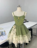 Green Spaghetti Strap A-Line Printed Tulle Short Prom Dresses Homecoming Dress HZ1024