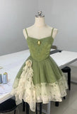 Green Spaghetti Strap A-Line Printed Tulle Short Prom Dresses Homecoming Dress HZ1024
