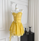 Butter Yellow Spaghetti Straps A-Line Chiffon Short Prom Dresses Homecoming Dress HZ1024