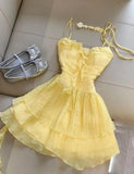 Butter Yellow Spaghetti Straps A-Line Chiffon Short Prom Dresses Homecoming Dress HZ1024