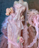 Pink Strapless Mermaid Beaded Tulle Long Prom Dresses Formal Evening Gowns with Embroidered Appliques HZ1024