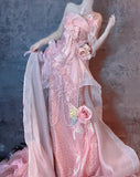 Pink Strapless Mermaid Beaded Tulle Long Prom Dresses Formal Evening Gowns with Embroidered Appliques HZ1024