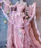 Pink Strapless Mermaid Beaded Tulle Long Prom Dresses Formal Evening Gowns with Embroidered Appliques HZ1024