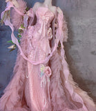 Pink Strapless Mermaid Beaded Tulle Long Prom Dresses Formal Evening Gowns with Embroidered Appliques HZ1024