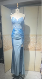 Sky Blue Spaghetti Straps Bodycon Lace Applique Satin Long Prom Dresses Formal Evening Gowns HZ1024