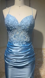 Sky Blue Spaghetti Straps Bodycon Lace Applique Satin Long Prom Dresses Formal Evening Gowns HZ1024