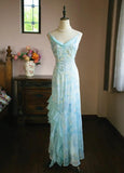 Light Blue V-neck Printed Chiffon with Ruffles Sheath Long Prom Dresses Vintage Party Dress HZ1024