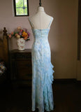 Light Blue V-neck Printed Chiffon with Ruffles Sheath Long Prom Dresses Vintage Party Dress HZ1024