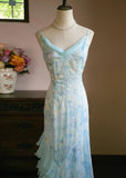 Light Blue V-neck Printed Chiffon with Ruffles Sheath Long Prom Dresses Vintage Party Dress HZ1024