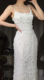 White Spaghetti Straps Mermaid Chiffon Beaded Long Prom Dresses Formal Evening Gowns HZ1024