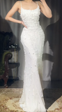 White Spaghetti Straps Mermaid Chiffon Beaded Long Prom Dresses Formal Evening Gowns HZ1024