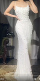 White Spaghetti Straps Mermaid Chiffon Beaded Long Prom Dresses Formal Evening Gowns HZ1024