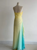 Butter Yellow Spaghetti Strap Sheath Chiffon Prom Dresses Vintage Evening Gowns HZ1024