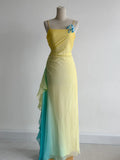 Butter Yellow Spaghetti Strap Sheath Chiffon Prom Dresses Vintage Evening Gowns HZ1024