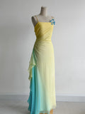 Butter Yellow Spaghetti Strap Sheath Chiffon Prom Dresses Vintage Evening Gowns HZ1024