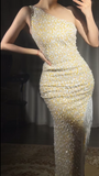 Yellow One Shoulder Sheath Sequin Beaded Long Prom Dresses Evening Gowns with Slits HZ1024