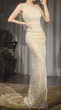 Yellow One Shoulder Sheath Sequin Beaded Long Prom Dresses Evening Gowns with Slits HZ1024