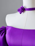 Purple Off Shoulder A-Line Satin Long Prom Dresses Formal Evening Gowns HZ1024