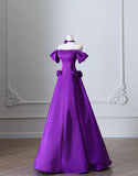 Purple Off Shoulder A-Line Satin Long Prom Dresses Formal Evening Gowns HZ1024
