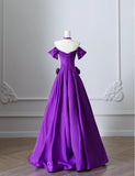 Purple Off Shoulder A-Line Satin Long Prom Dresses Formal Evening Gowns HZ1024