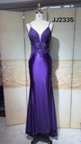 Purple Spaghetti Straps Mermaid Satin Long Prom Dresses Formal Evening Gowns with Appliques HZ1024