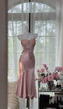 Blush Pink Spaghetti Straps Party Dress Sheath Satin Prom Dresses HZ1024