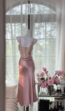 Blush Pink Spaghetti Straps Party Dress Sheath Satin Prom Dresses HZ1024