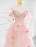 Pink Off-the-shoulder A-Line Tulle Wedding Dress HZ1024