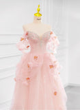 Pink Off-the-shoulder A-Line Tulle Wedding Dress HZ1024