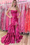 Fuchsia Strapless Mermaid Satin Beaded Long Prom Dresses Formal Evening Dresses With Slits HZ1024