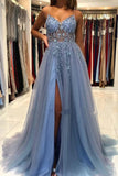 Grey Blue Spaghetti Straps Sequined A-Line Tulle Long Prom Dresses Formal Evening Gowns HZ1024