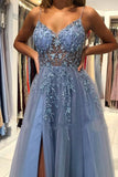 Grey Blue Spaghetti Straps Sequined A-Line Tulle Long Prom Dresses Formal Evening Gowns HZ1024