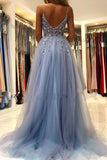 Grey Blue Spaghetti Straps Sequined A-Line Tulle Long Prom Dresses Formal Evening Gowns HZ1024