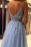 Grey Blue Spaghetti Straps Sequined A-Line Tulle Long Prom Dresses Formal Evening Gowns HZ1024