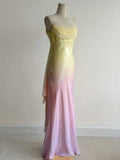 Gradient Yellow Pink Spaghetti Straps Mermaid Satin Prom Dresses Vintage Evening Gowns HZ1024