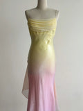 Gradient Yellow Pink Spaghetti Straps Mermaid Satin Prom Dresses Vintage Evening Gowns HZ1024