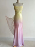Gradient Yellow Pink Spaghetti Straps Mermaid Satin Prom Dresses Vintage Evening Gowns HZ1024