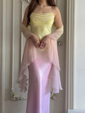 Gradient Yellow Pink Spaghetti Straps Mermaid Satin Prom Dresses Vintage Evening Gowns HZ1024