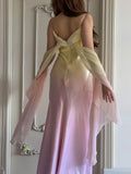 Gradient Yellow Pink Spaghetti Straps Mermaid Satin Prom Dresses Vintage Evening Gowns HZ1024